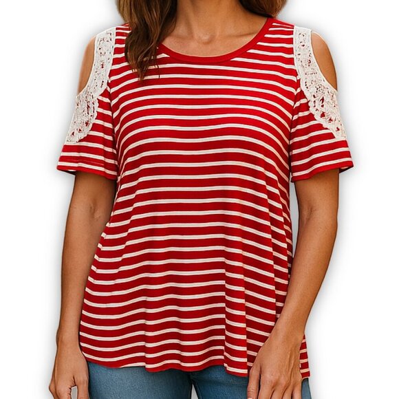 Soft Surroundings Red Stripe Cold Shoulder Tee Shirt PM New - Picture 9 of 10